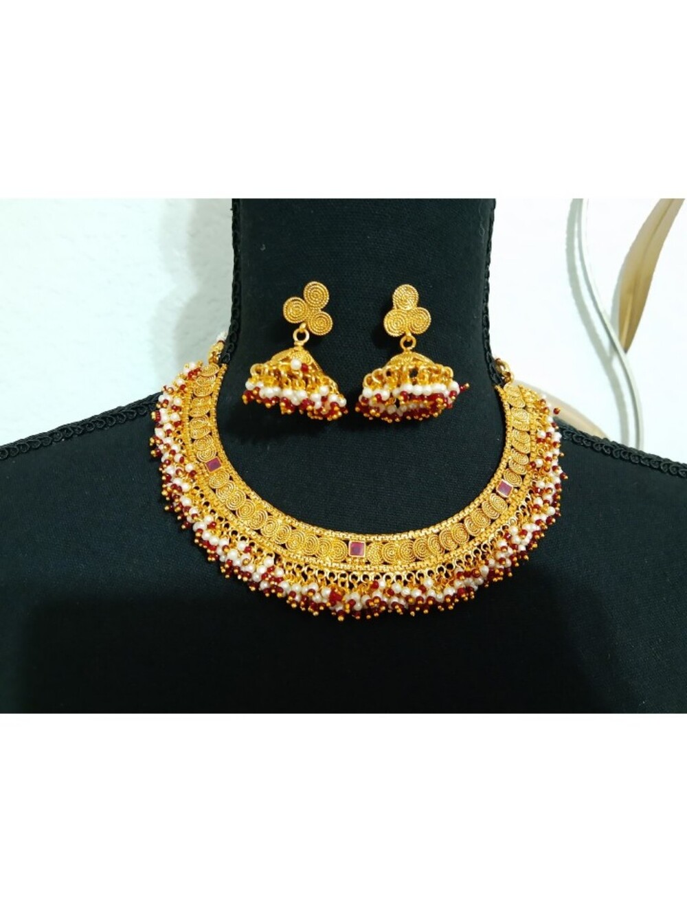 Gold-Tone Pearl LBead Choker Necklace with Jhumka Earrings